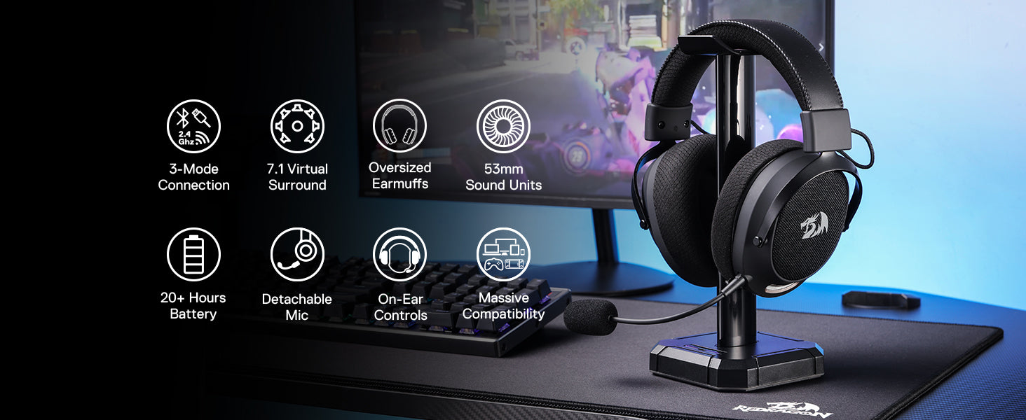 Redragon H858 Gaming Headset, 2.4GHz/BT/Wired, Gray
