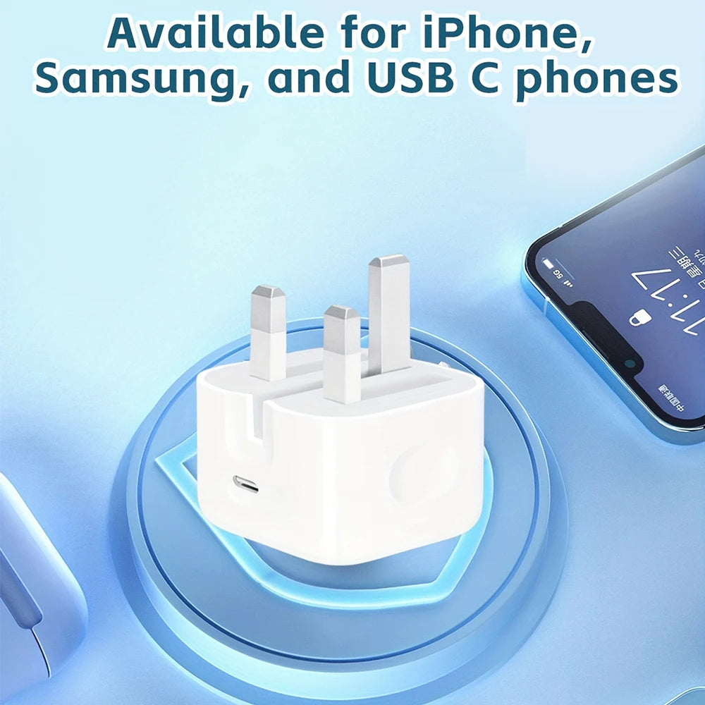 UK Plug Foldable 20W Mobile Phone Adapter With 2m Dual Type-C Mobile Phone Charging Cable Suitable for iPhone 15 16