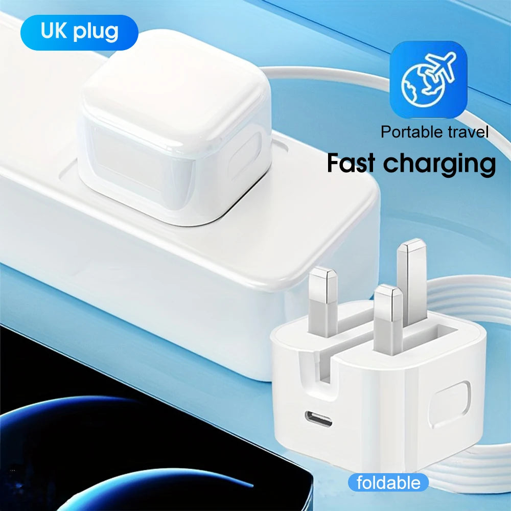 UK Plug Foldable 20W Mobile Phone Adapter With 2m Dual Type-C Mobile Phone Charging Cable Suitable for iPhone 15 16
