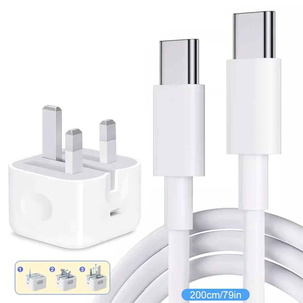 UK Plug Foldable 20W Mobile Phone Adapter With 2m Dual Type-C Mobile Phone Charging Cable Suitable for iPhone 15 16
