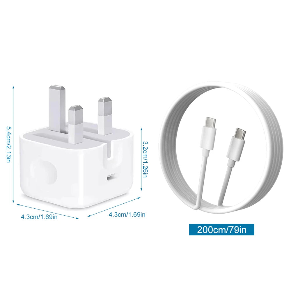 UK Plug Foldable 20W Mobile Phone Adapter With 2m Dual Type-C Mobile Phone Charging Cable Suitable for iPhone 15 16