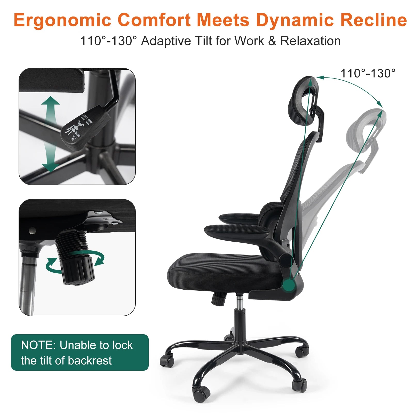 Gwong Ergonomic Office Chair Desk Chair with Folding Armrest Height-Adjustable Breathable Backrest Swivel Gaming Chair
