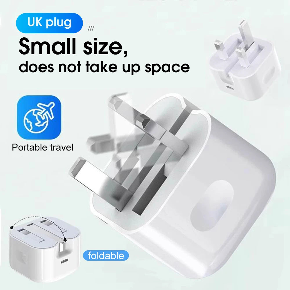UK Plug Foldable 20W Mobile Phone Adapter With 2m Dual Type-C Mobile Phone Charging Cable Suitable for iPhone 15 16