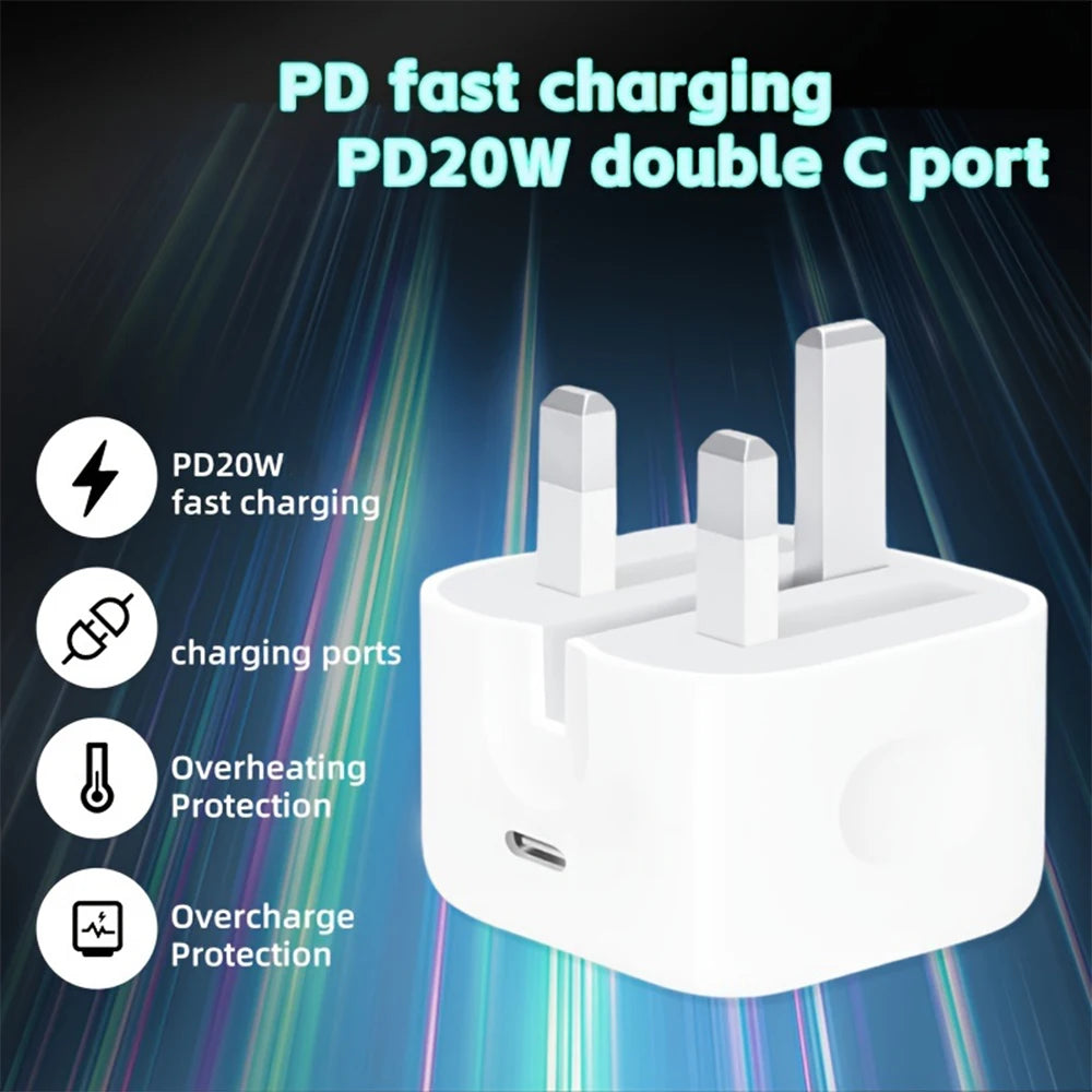UK Plug Foldable 20W Mobile Phone Adapter With 2m Dual Type-C Mobile Phone Charging Cable Suitable for iPhone 15 16