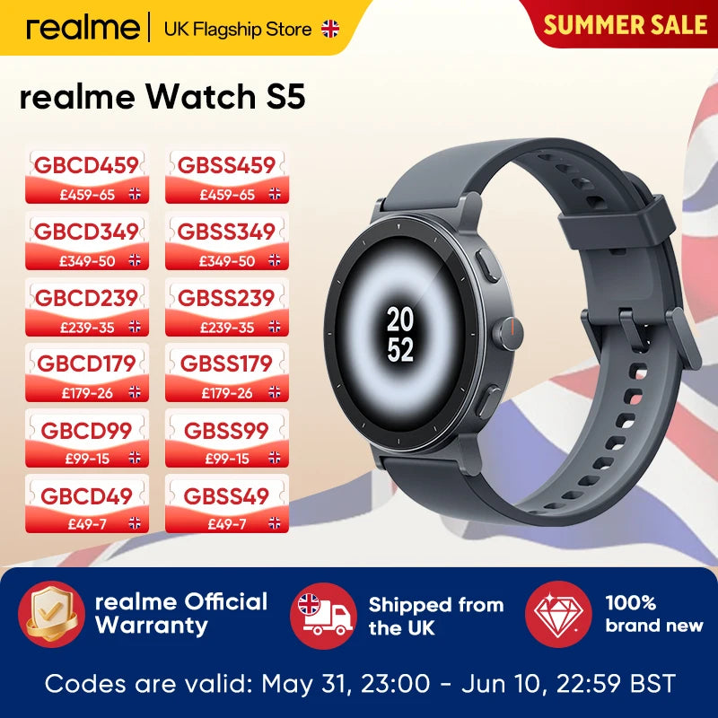 2026 New realme Watch S5 Smartwatch 110 Sports Modes 1500nit Ultra-Bright Display GPS with 5 GNSS