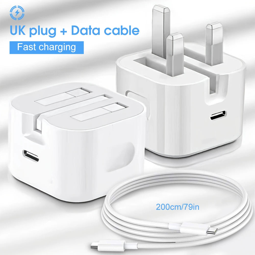 UK Plug Foldable 20W Mobile Phone Adapter With 2m Dual Type-C Mobile Phone Charging Cable Suitable for iPhone 15 16