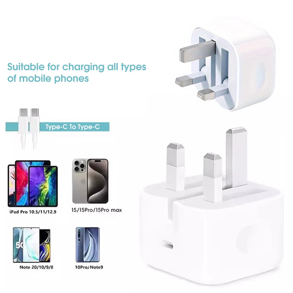 UK Plug Foldable 20W Mobile Phone Adapter With 2m Dual Type-C Mobile Phone Charging Cable Suitable for iPhone 15 16
