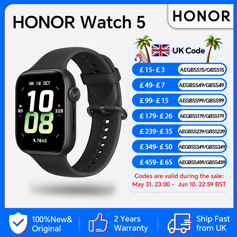 HONOR Watch 5, Smartwatch, 15 Days of Battery Life,1.85-inch AMOLED Screen, 5ATM and IP68, GPS,BT5.2, Android and iOS