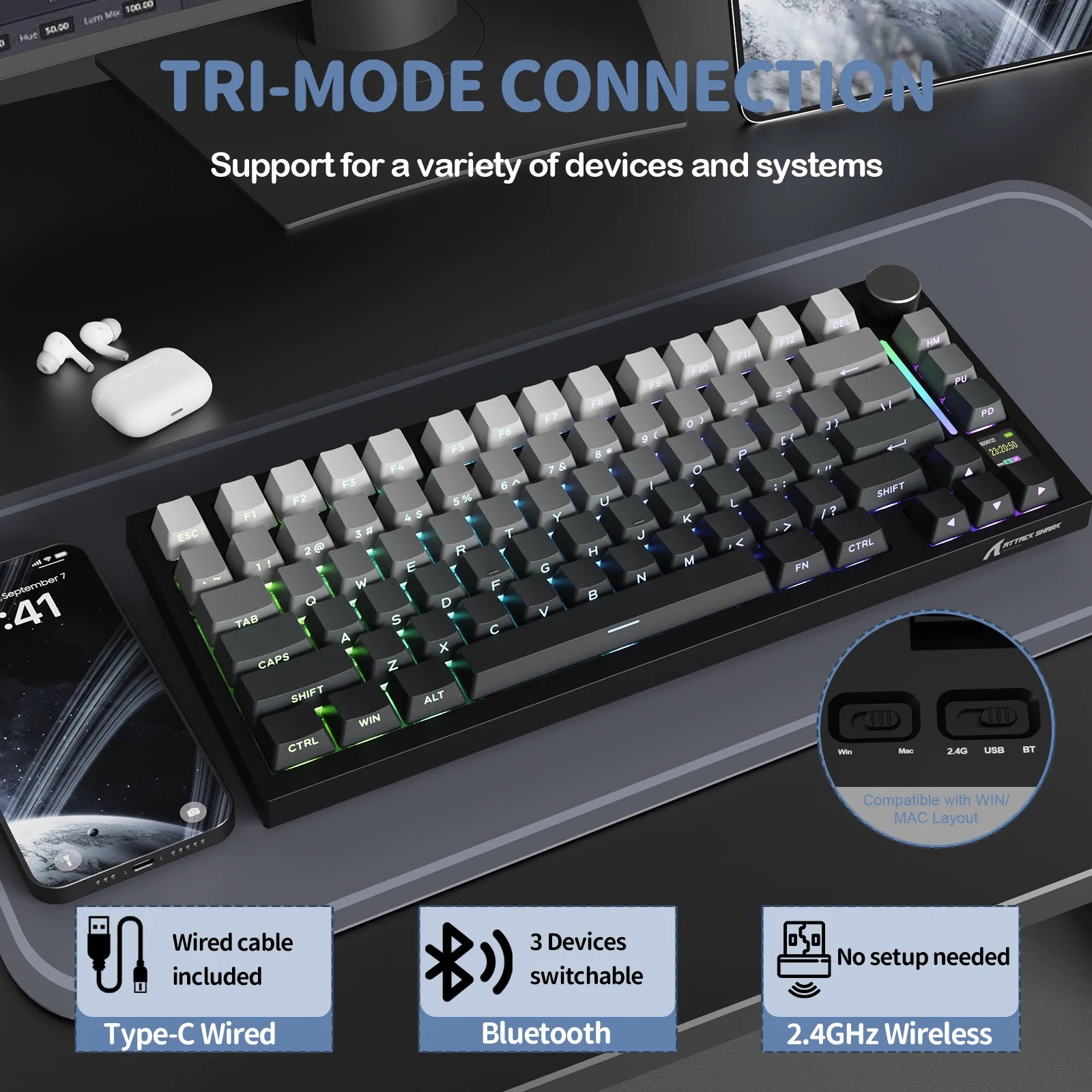 Attack Shark X820Ultra Wireless 75% Mechanical Gaming Keyboard with Screen & Knob Hot Swappable 2.4GHz/BT/Wired RGB