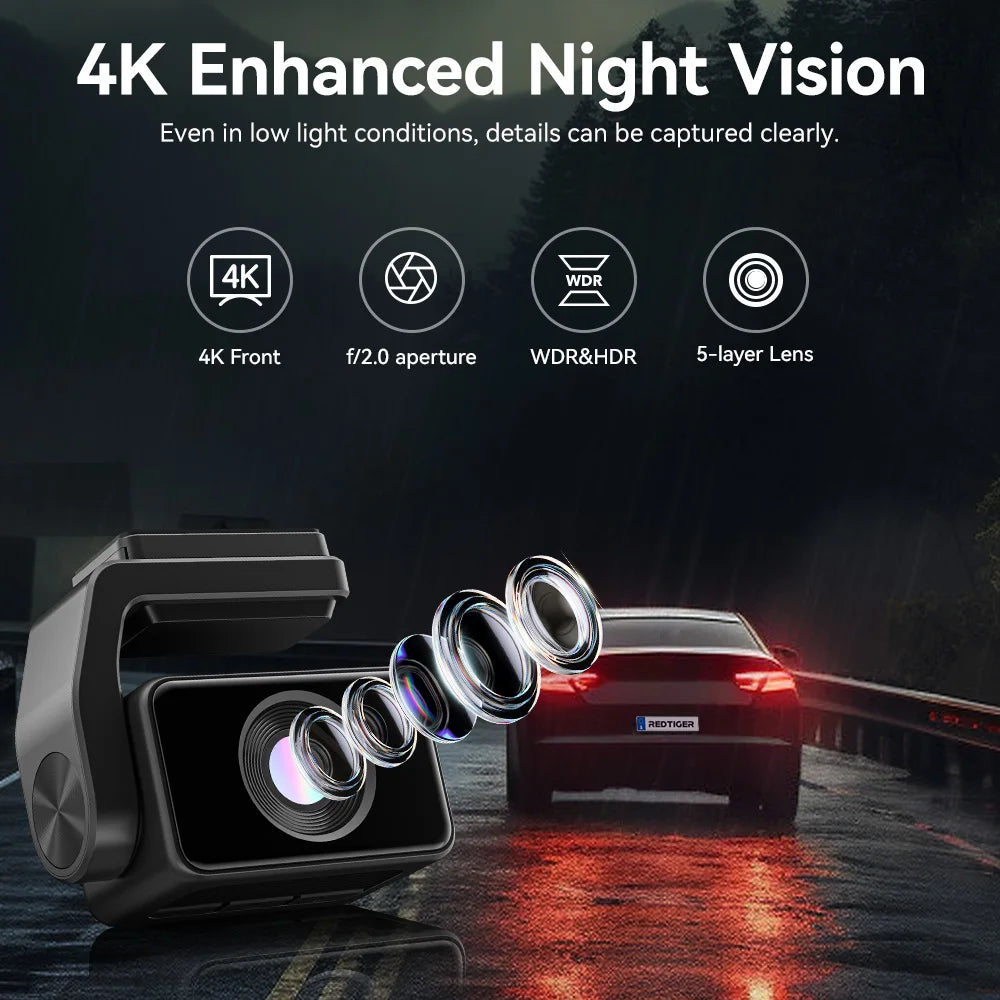 REDTIGER A4 Dash Camera Front and Rear 4k Dash Cam Drive Recorder for WiFi GPS Car Dvr for 24H Parking Mode Black Box for Car