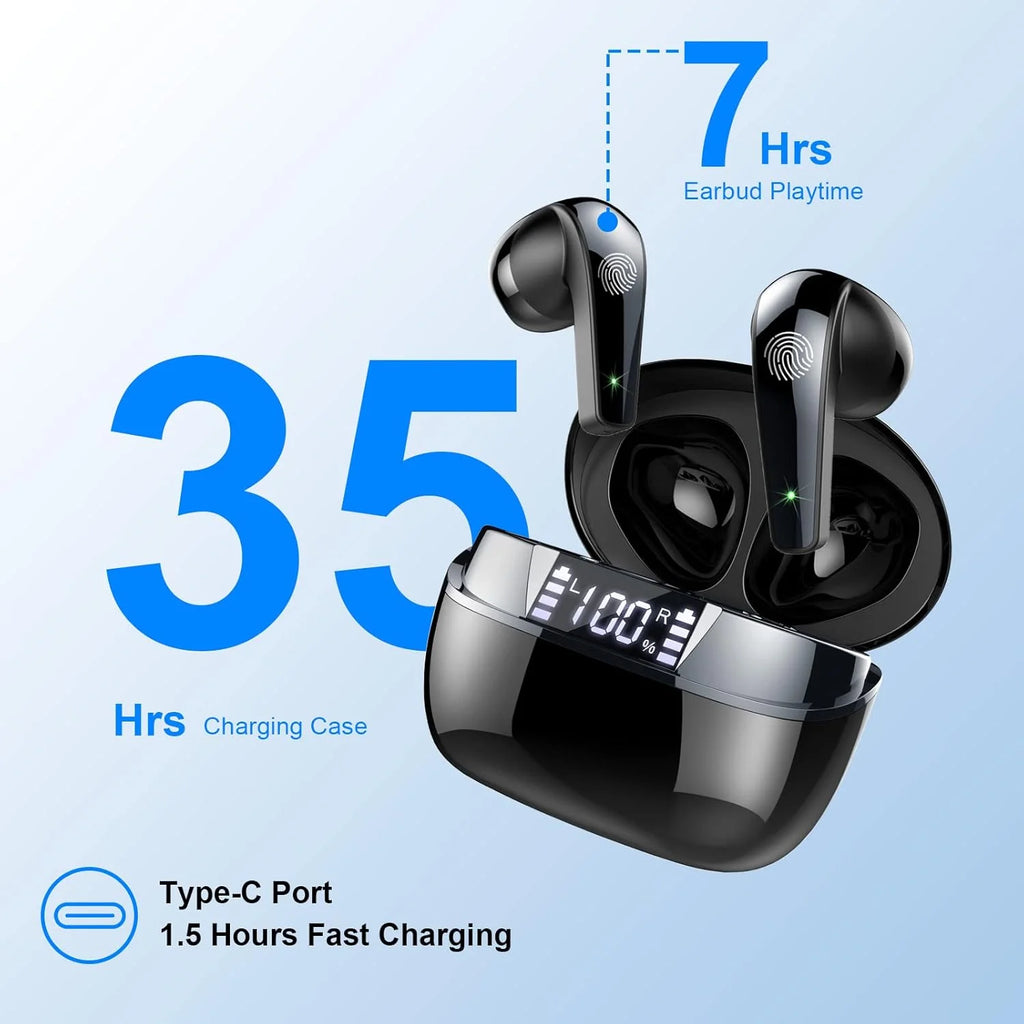 Q13 Bluetooth 5.4 Earbuds | 47H Playtime LED Display | IP7 Waterproof HiFi Sound ENC Mic | Touch Control Wireless Headphones.