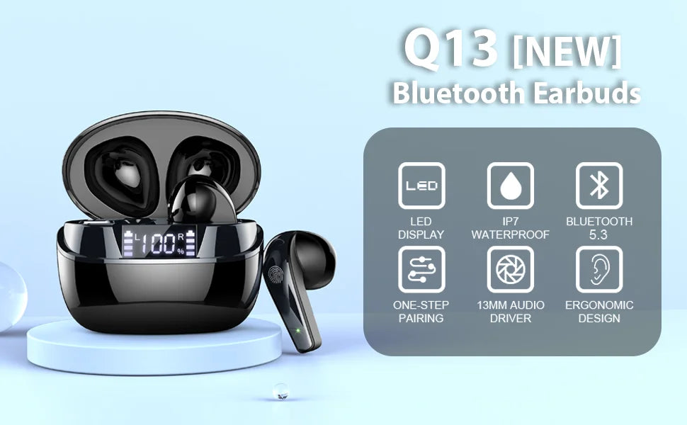 Q13 Bluetooth 5.4 Earbuds | 47H Playtime LED Display | IP7 Waterproof HiFi Sound ENC Mic | Touch Control Wireless Headphones.