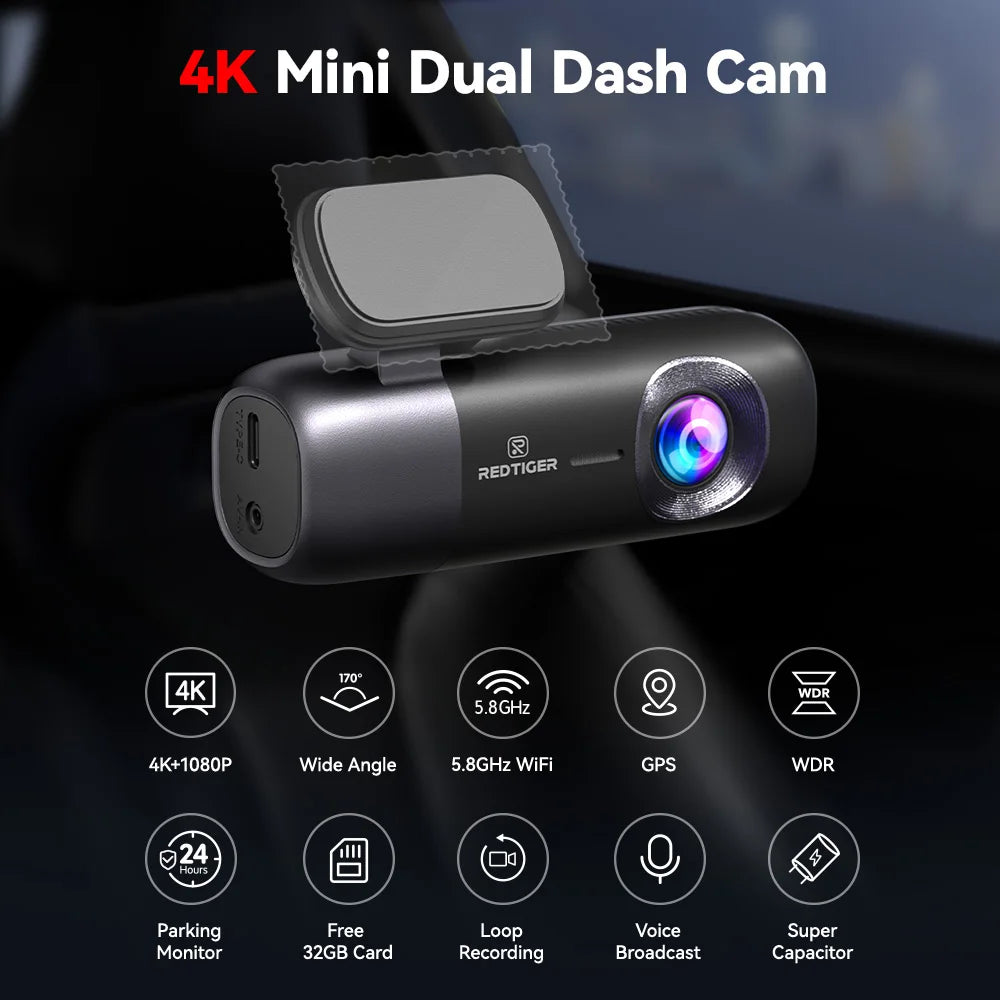 REDTIGER F9 Dash Cam 4K Dash Camera Front and Rear WiFi GPS Car Camera for Parking Mode Night Vision Car Recorder By App Control