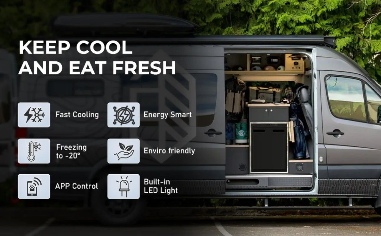 Campervan 12V Fridge 65L Low Power Cooling -20c Compressor Camping Fridge BT+APP