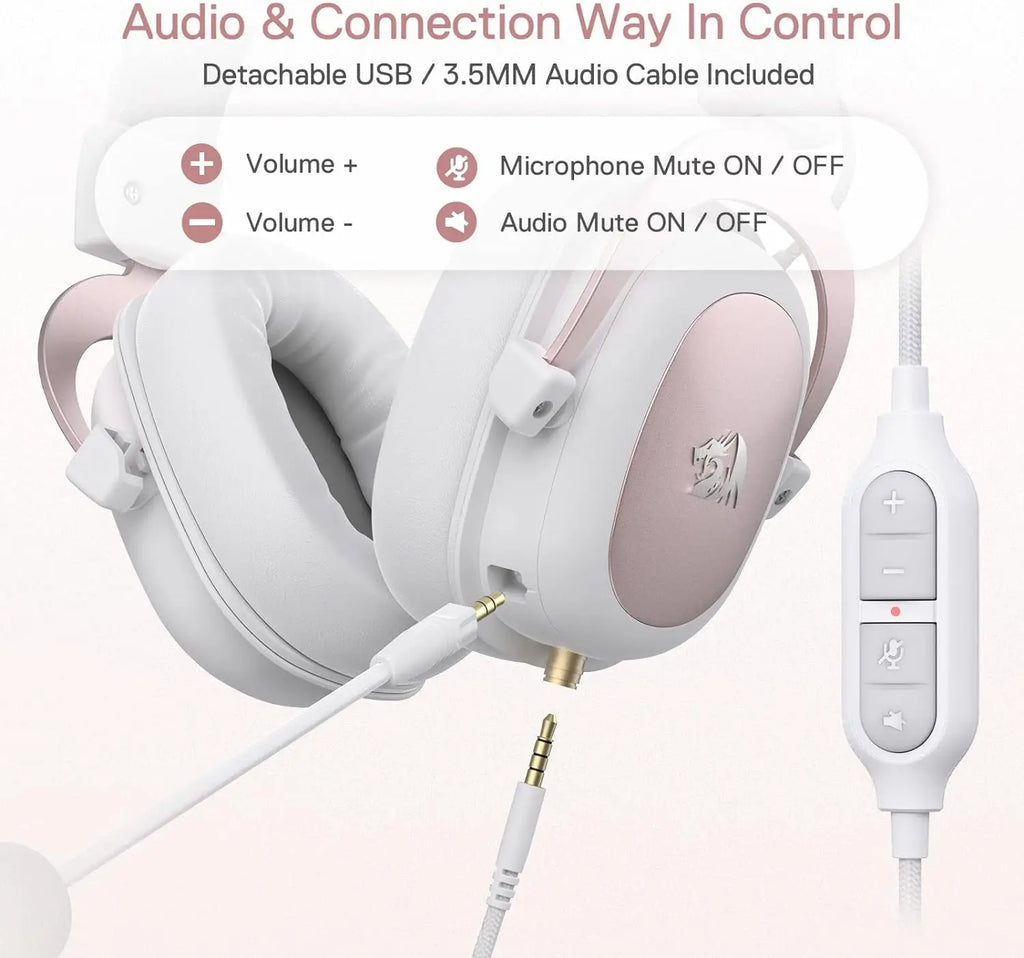 Redragon H510 Zeus White Wired Gaming Headset - 7.1 Surround Sound Memory Foam Ear Pads 53MM Drivers