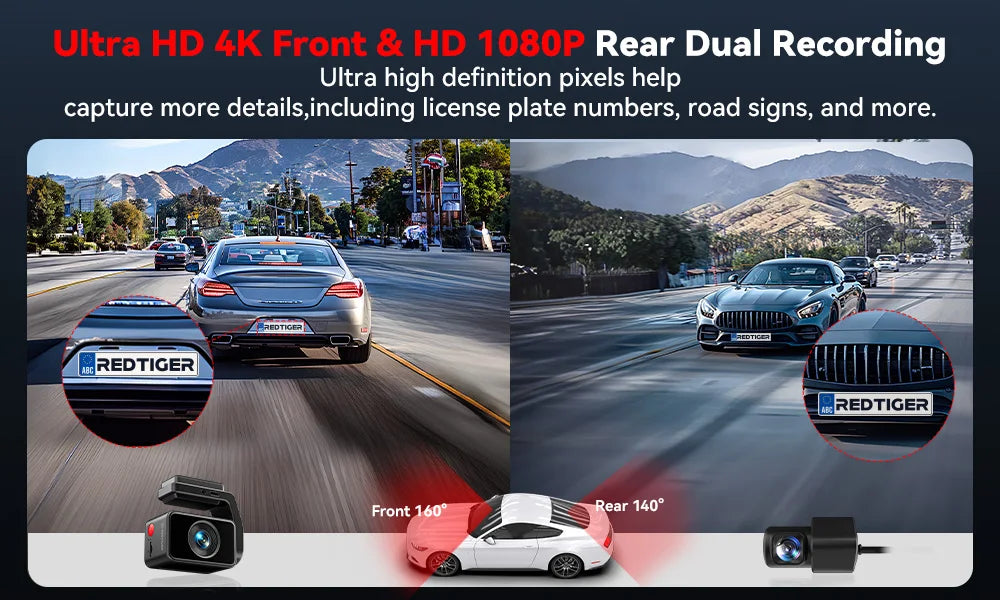 REDTIGER A4 Dash Camera Front and Rear 4k Dash Cam Drive Recorder for WiFi GPS Car Dvr for 24H Parking Mode Black Box for Car