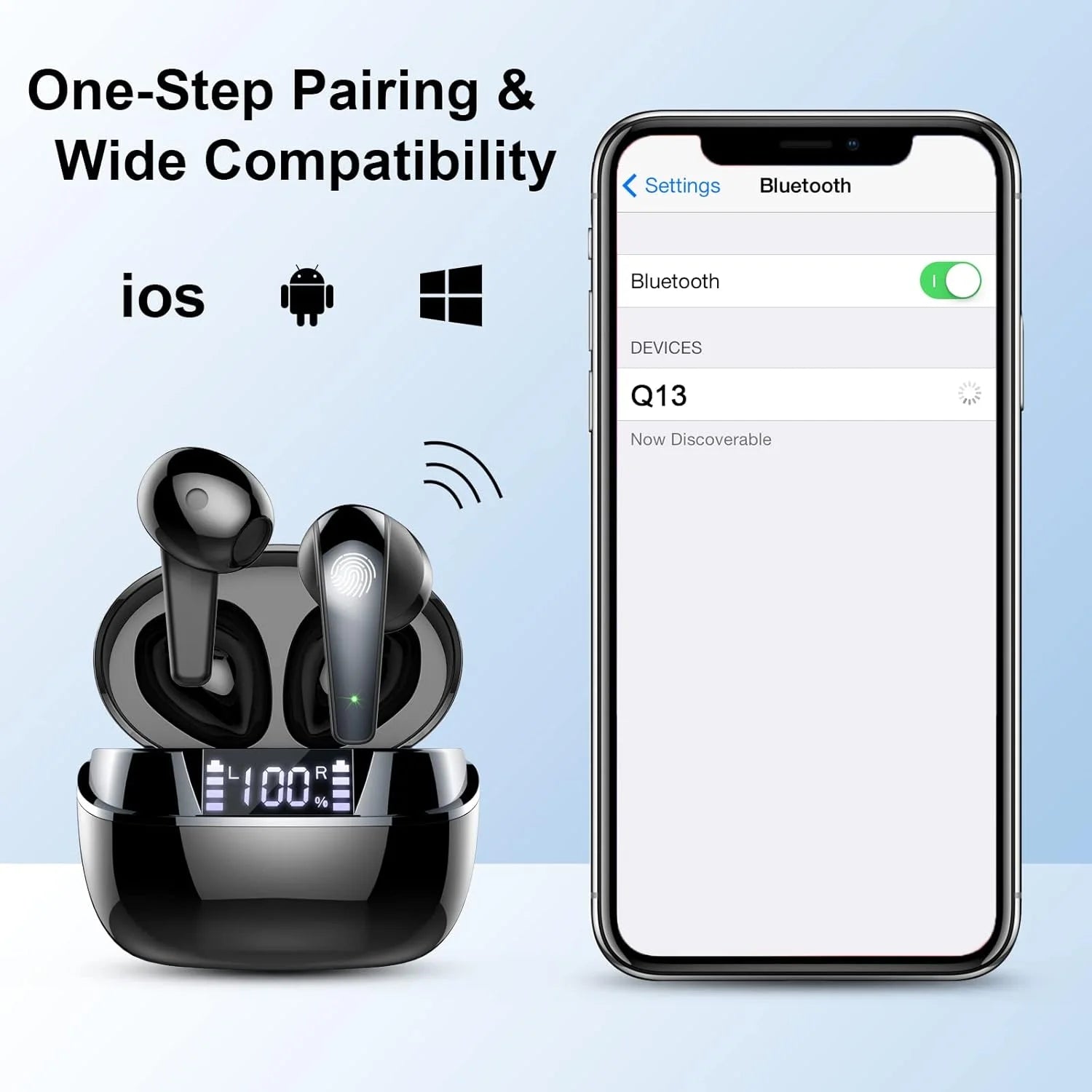 Q13 Bluetooth 5.4 Earbuds | 47H Playtime LED Display | IP7 Waterproof HiFi Sound ENC Mic | Touch Control Wireless Headphones.