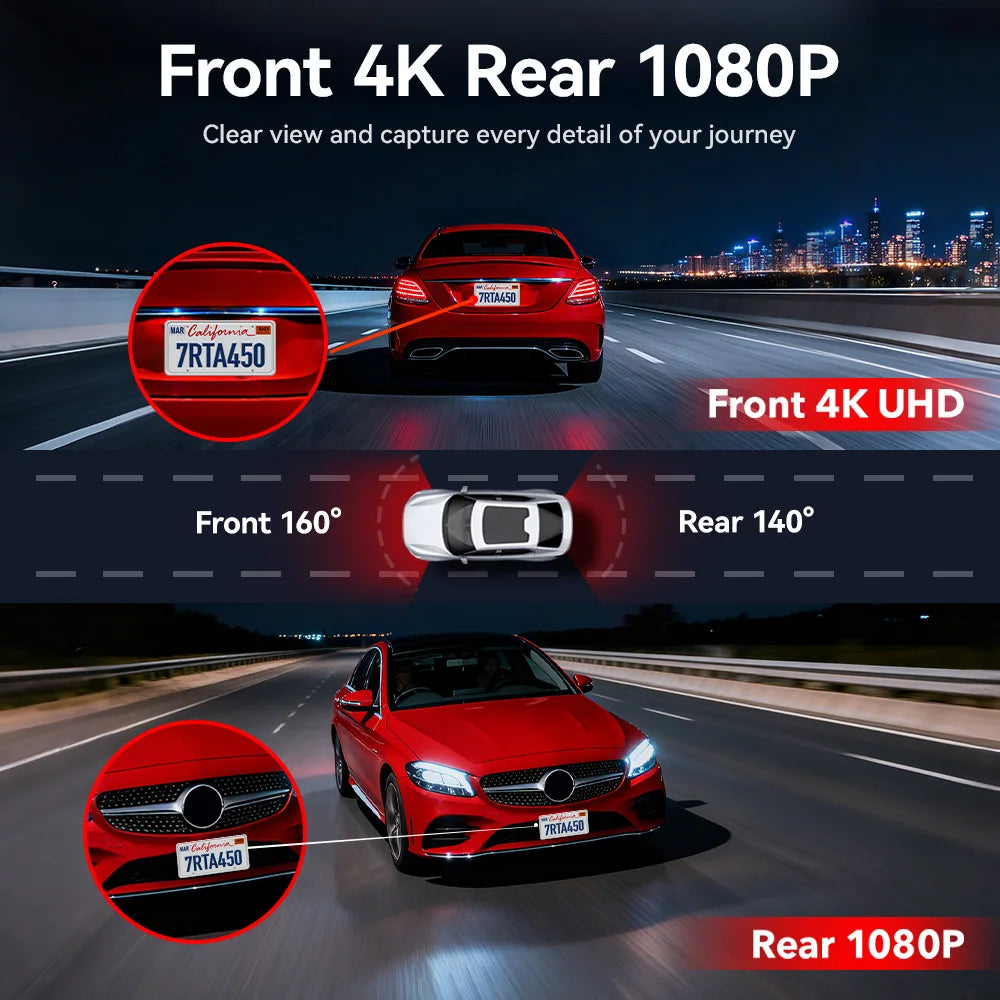 REDTIGER A4 Dash Camera Front and Rear 4k Dash Cam Drive Recorder for WiFi GPS Car Dvr for 24H Parking Mode Black Box for Car