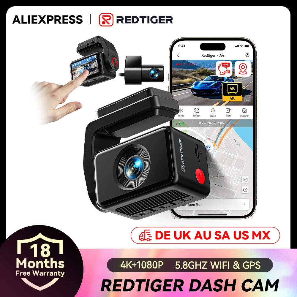 REDTIGER A4 Dash Camera Front and Rear 4k Dash Cam Drive Recorder for WiFi GPS Car Dvr for 24H Parking Mode Black Box for Car